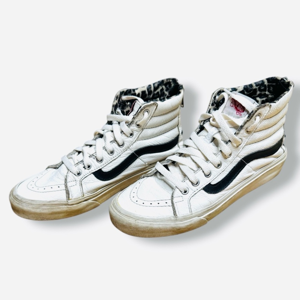 Vans Sk8-Hi Slim Zip in True White & Snow Leopard.  Leather